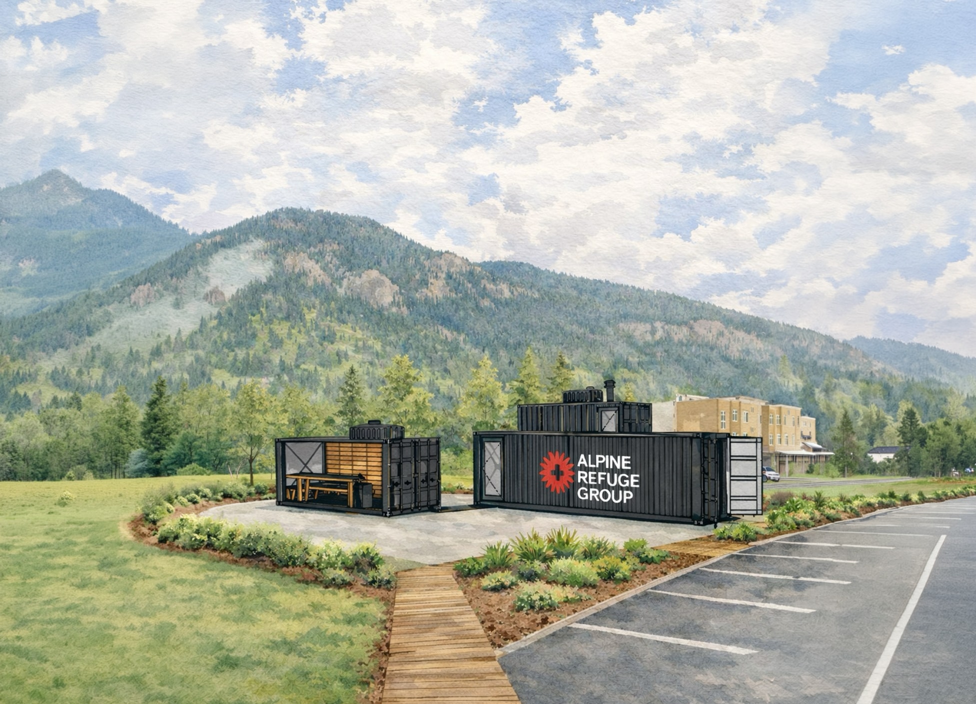 Alpine Refuge Group — thermal contrast sauna courtyard, Big Sky Montana